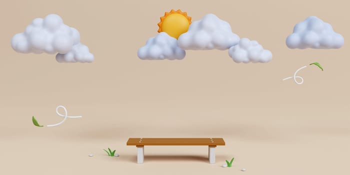 3d bench with Cloudy and sun on beige background. 3d rendering illustration..