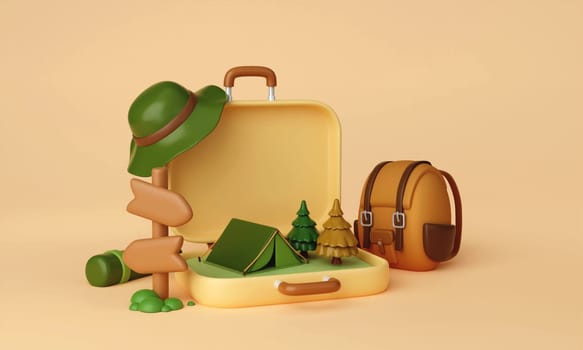 3d Campsite in nature and elements for camping, summer camp, traveling evening, trip, hiking. Concept. 3d rendering illustration..