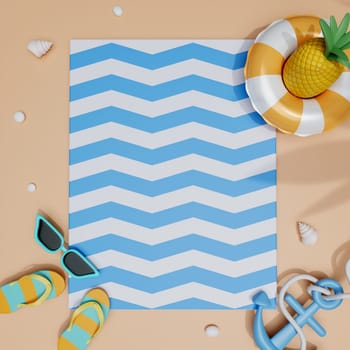 Flat lay summer vacation with beach accessories ready for summer vacation. summer beach scene and shadow of palm leaves. illustration banner. 3d rendering illustration.