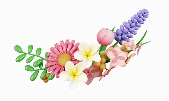 3d decorative flowers. Colorful spring bouquet. Floral arrangement garland. icon isolated on white background. 3d rendering illustration. Clipping path..