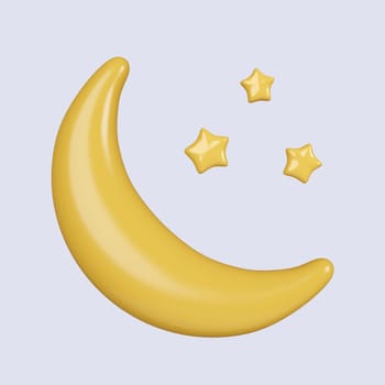 3d moon and stars. Decorative gold holiday. icon isolated on gray background. 3d rendering illustration. Clipping path..