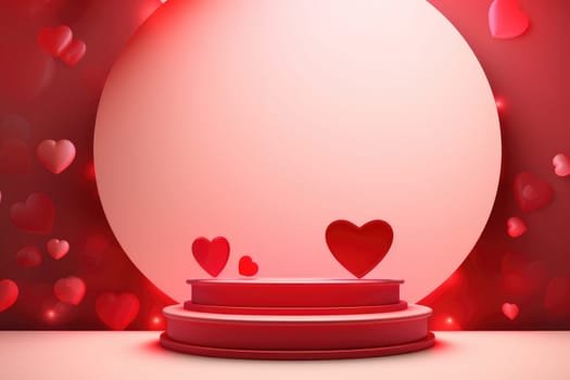 Valentines podium pedestal with 3d pink heart and cloud . generative ai.