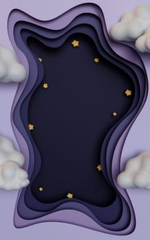 3d space paper cut. Creative space design with star and clouds on purple background. banner, 3d render illustration.