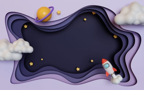 3d space paper cut. Creative space design with star and clouds on purple background. banner, 3d render illustration.