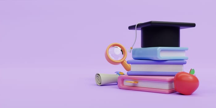 3d education concept. graduation hat on book with school accessories on purple background. back to school. 3d rendering illustration..