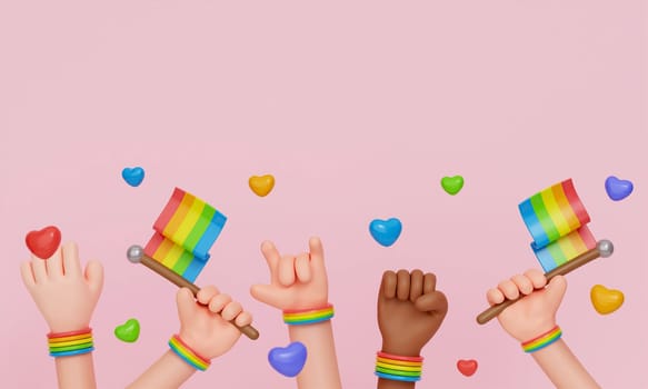 3d LGBT pride parade poster. Cartoon hands celebrating bisexual homosexual transgender equality. 3d rendering illustration..