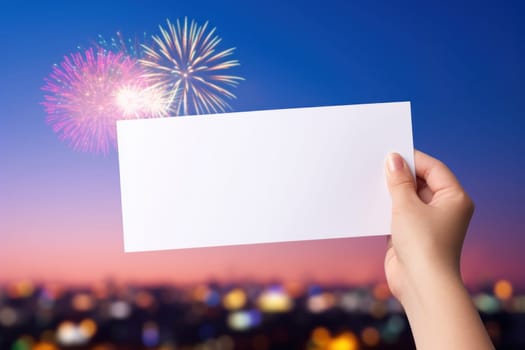 Woman holding white card on the fireworks display a night of celebration. Ai generated..