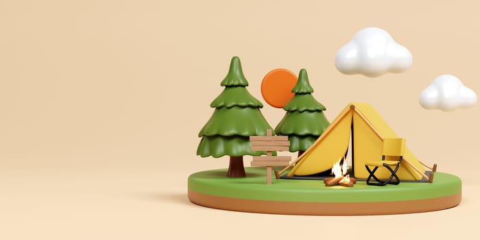 3d Island Campsite in nature and elements for camping, summer camp, camp fire, trip, hiking. Concept. 3d rendering illustration..