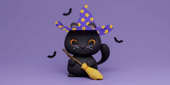 Happy Halloween Festive. cat in Halloween costume with witch hat and broom on purple background. d cartoon style. Holiday Hallows' Eve or Saints' Eve. copy space. 3d render..
