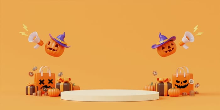 Halloween with pumpkin and empty minimal podium pedestal product display background and Halloween Elements. 3d render..