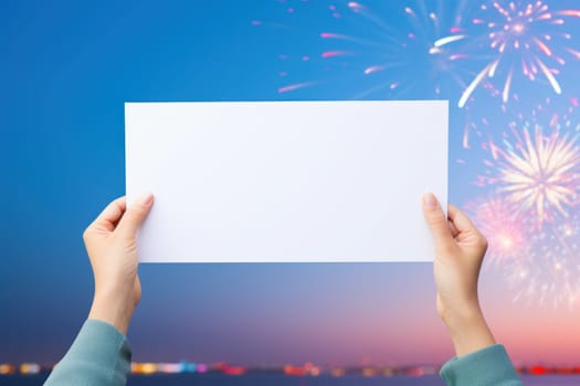 Woman holding white card on the fireworks display a night of celebration. Ai generated..