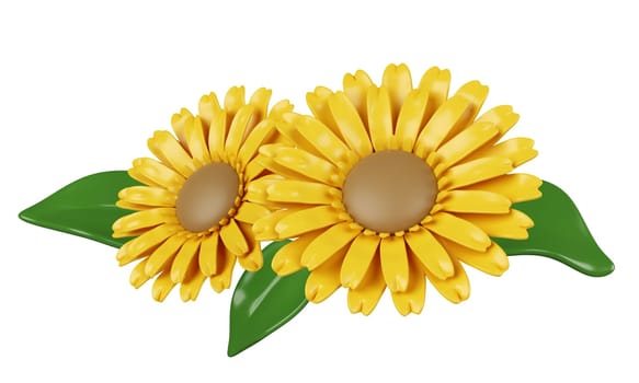 3d Sun flowers. decorative flowers. Colorful spring bouquet. Floral arrangement garland. icon isolated on white background. 3d rendering illustration. Clipping path..