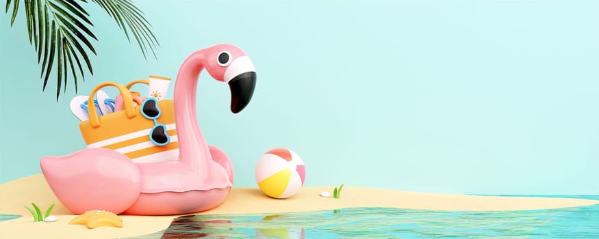 Flamingo float with sunglasses on the beach and beach accessories ready for summer vacation. Creative travel concept idea with copy space. 3d rendering illustration.