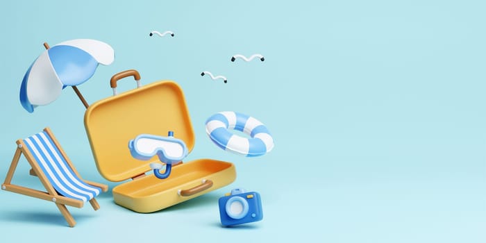summer travel with yellow suitcase, beach chair, sunglasses ,camera, umbrella and diving goggle. Creative travel concept idea with copy space. illustration banner 3d rendering illustration.