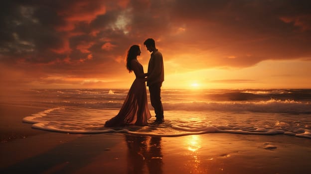 Silhouettes of couple in love kissing and embracing at tropical sea sunset, full body. Male and female togetherness posing on sandy beach outdoor. Summer vacation lifestyle concept. Copy ad text space. High quality photo