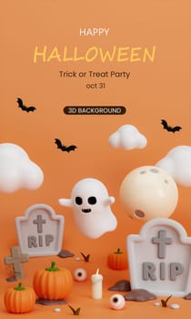 3d Happy Halloween background. white ghost cute with pumpkin, grave, cloud and bat. Halloween concept. Traditional October holiday. copy space. 3d render..