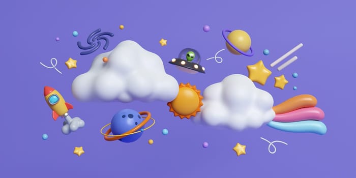 3d Abstract background Metaverse of futuristic design. Creative cartoon space design with 3d planets and space accessory on purple background. banner, 3d render illustration.