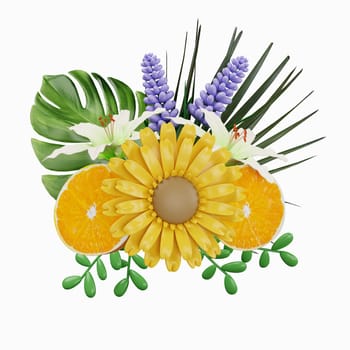 3d decorative flowers. Colorful spring bouquet. Floral arrangement garland. icon isolated on white background. 3d rendering illustration. Clipping path..