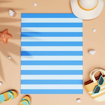 Flat lay summer vacation with beach towel, sandal, bag, sunglasses and hat. summer beach scene and shadow of palm leaves. illustration banner 3d rendering illustration.