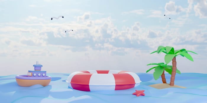Swimming ring stage podium empty with summer beach background and beach accessory concept of summer. Creative summer concept idea. illustration banner. 3d rendering illustration.