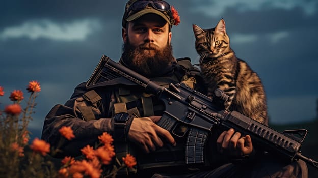 War and domestic animals. Portrait of a military man with a gun holding a kitten in his arms during the warfare