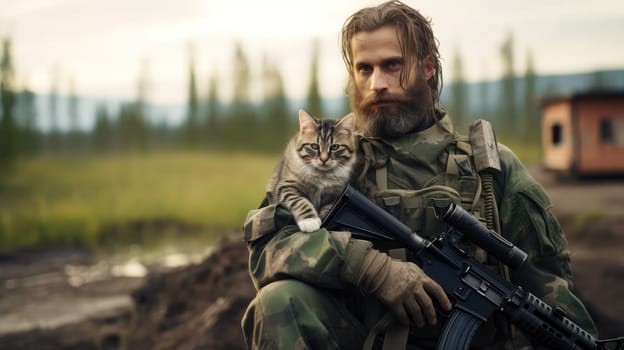 War and domestic animals. Portrait of a military man with a gun holding a kitten in his arms during the warfare