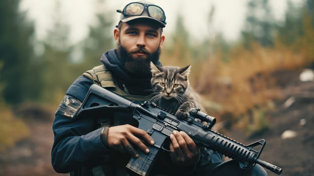 War and domestic animals. Portrait of a military man with a gun holding a kitten in his arms during the warfare