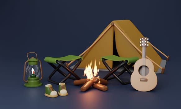 3d Night and dark Campsite in nature and elements for camping,camp fire, trip, hiking. Concept. 3d rendering illustration..