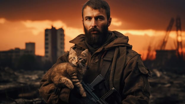 War and domestic animals. Portrait of a military man with a gun holding a kitten in his arms during the warfare