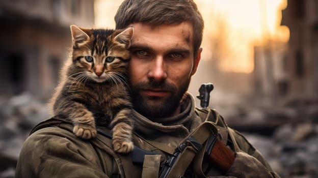 War and domestic animals. Portrait of a military man with a gun holding a kitten in his arms during the warfare