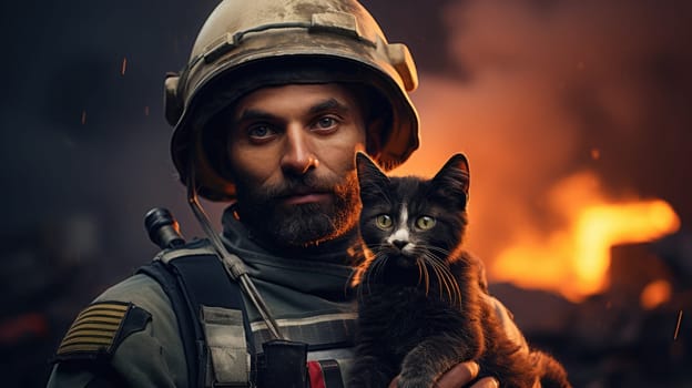 War and domestic animals. Portrait of a military man with a gun holding a kitten in his arms during the warfare