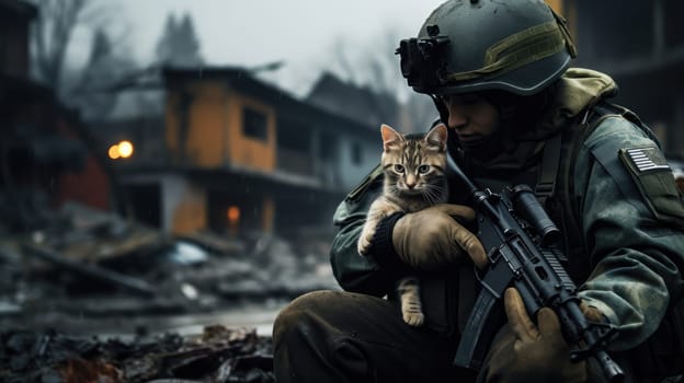 War and domestic animals. Portrait of a military man with a gun holding a kitten in his arms during the warfare