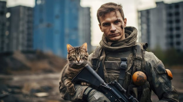 War and domestic animals. Portrait of a military man with a gun holding a kitten in his arms during the warfare