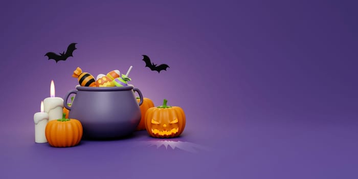 Happy Halloween Festive. Halloween candy in boiling pot, pumpkin, candle and bat . 3d cartoon style. Holiday Hallows' Eve or Saints' Eve. copy space. 3d render..
