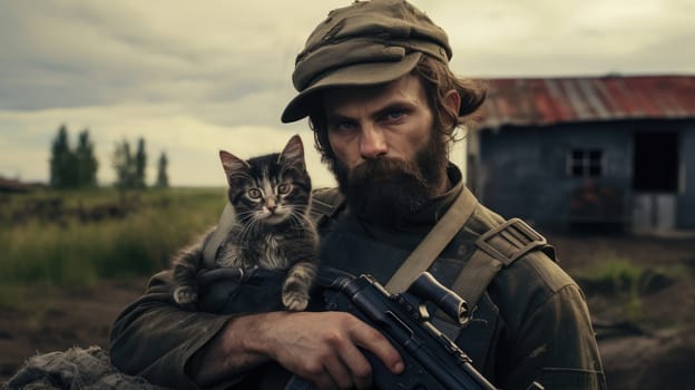 War and domestic animals. Portrait of a military man with a gun holding a kitten in his arms during the warfare