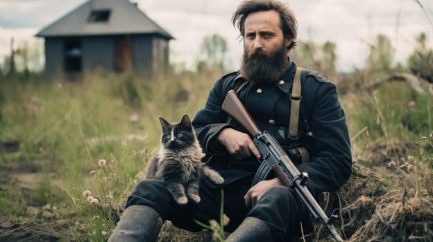 War and domestic animals. Portrait of a military man with a gun holding a kitten in his arms during the warfare