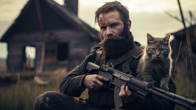 War and domestic animals. Portrait of a military man with a gun holding a kitten in his arms during the warfare