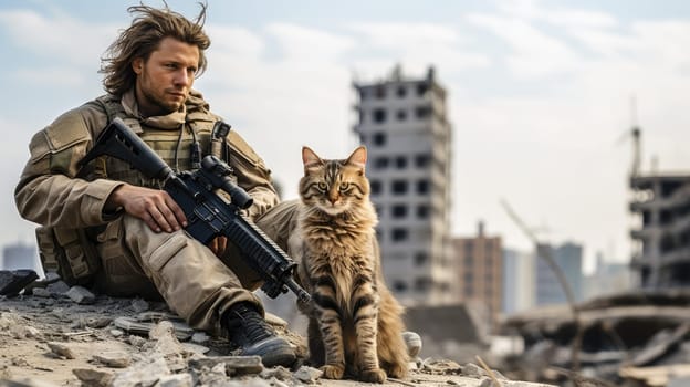 War and domestic animals. Portrait of a military man with a gun holding a kitten in his arms during the warfare