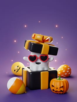 Happy Halloween Festiv. A ghost emerges from a gift box with balloon and pumpkin on purple background. Holiday Hallows' Eve or Saints' Eve. copy space. 3d render..