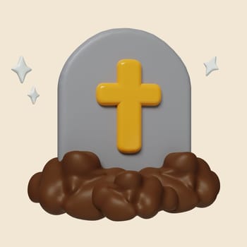 3d Halloween grave marker icon. Traditional element of decor for Halloween. icon isolated on gray background. 3d rendering illustration. Clipping path..