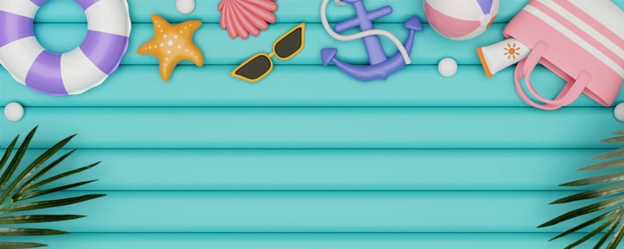3d beach accessories on pastel blue floor. summer vacation and holidays concept copy space. 3d illustration. banner 3d rendering illustration..