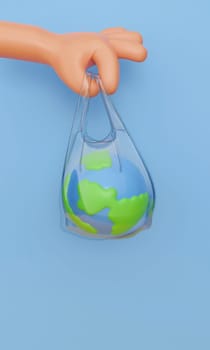 3d The earth is in a plastic bag that is held up by a human hands environmental concept. Global warming concept. save the planet. 3d rendering illustration..