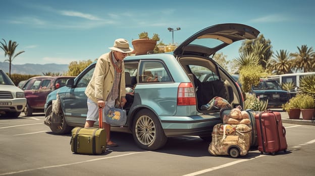 Senior man loading bags in car trunk, preparing to leave on summer holiday with vehicle. People travelling on vacation road trip in retirement age, going on adventure destination. High quality photo