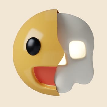 3d Halloween Half skull emoticon icon. Traditional element of decor for Halloween. icon isolated on gray background. 3d rendering illustration. Clipping path..