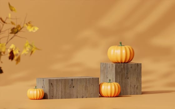 Halloween wood podium with pumpkins with maple leaf on orange background . podium pedestal product display background and Halloween Elements. 3d render..