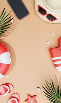 Summer vacation. beach accessories ready on the beach for summer vacation. Creative travel concept idea with copy space. illustration banner 3d rendering illustration..