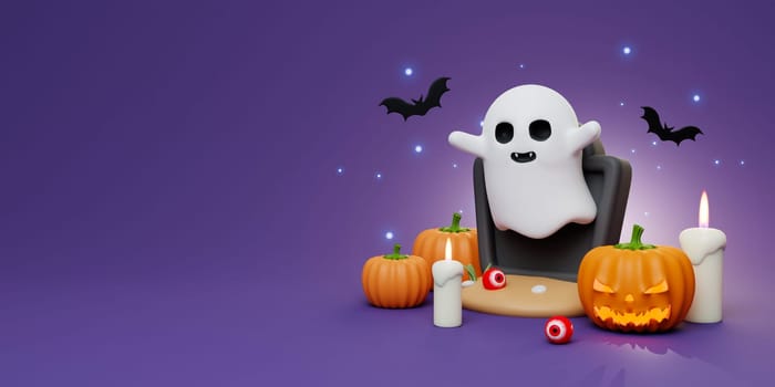 Happy Halloween Festive. Halloween white ghost cute smile face. 3d cartoon style. Holiday Hallows' Eve or Saints' Eve. copy space. 3d render..