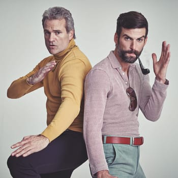 Portrait, men, karate and fashion in studio together with grey background, smart clothes and unique style with smoking pipe. Fashionable, vintage and retro with modern look, elegance and class.