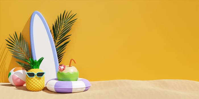 surfboard with coconut in swimming ring, and beach accessories. summer vacation and holidays concept copy space. 3d illustration. banner 3d rendering illustration.