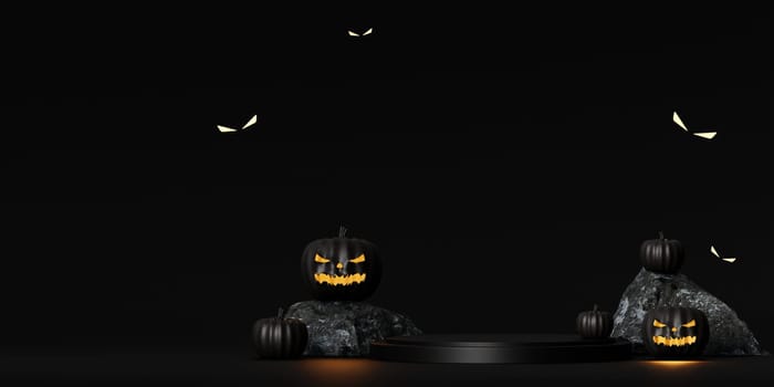 Halloween podium on black background with scary faces pumpkins are glowing in dark. Black and gold template for Halloween. 3d render..